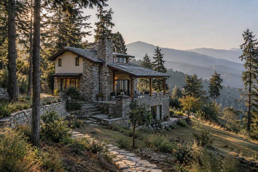 Private mountain villa setting inspired by Mukteshwar, Uttarakhand
