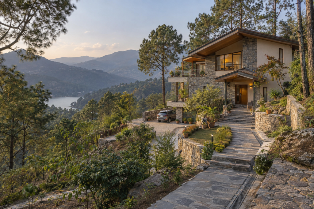 Residential villa and lake-region landscape inspired by Bhimtal, Uttarakhand