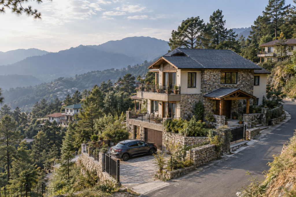 Residential property overlooking a developed hill-town setting near Nainital