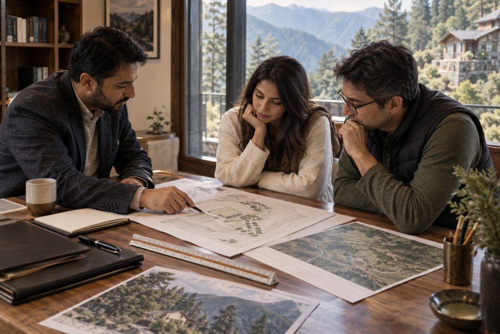Property advisor and buyers reviewing documents during a Uttarakhand site inspection