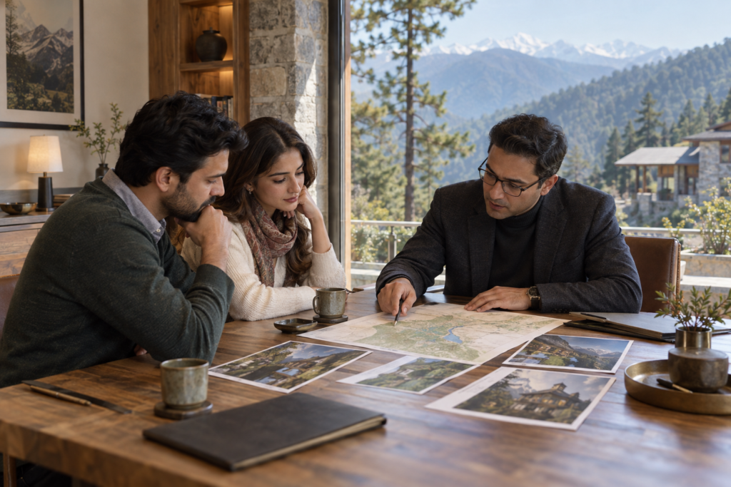 Property advisor discussing mountain home options with buyers in Uttarakhand