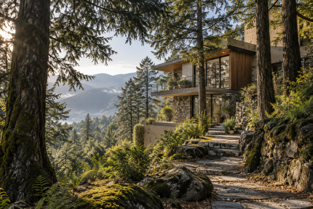 Contemporary mountain villa surrounded by Kumaon hills near Bhimtal, Uttarakhand
