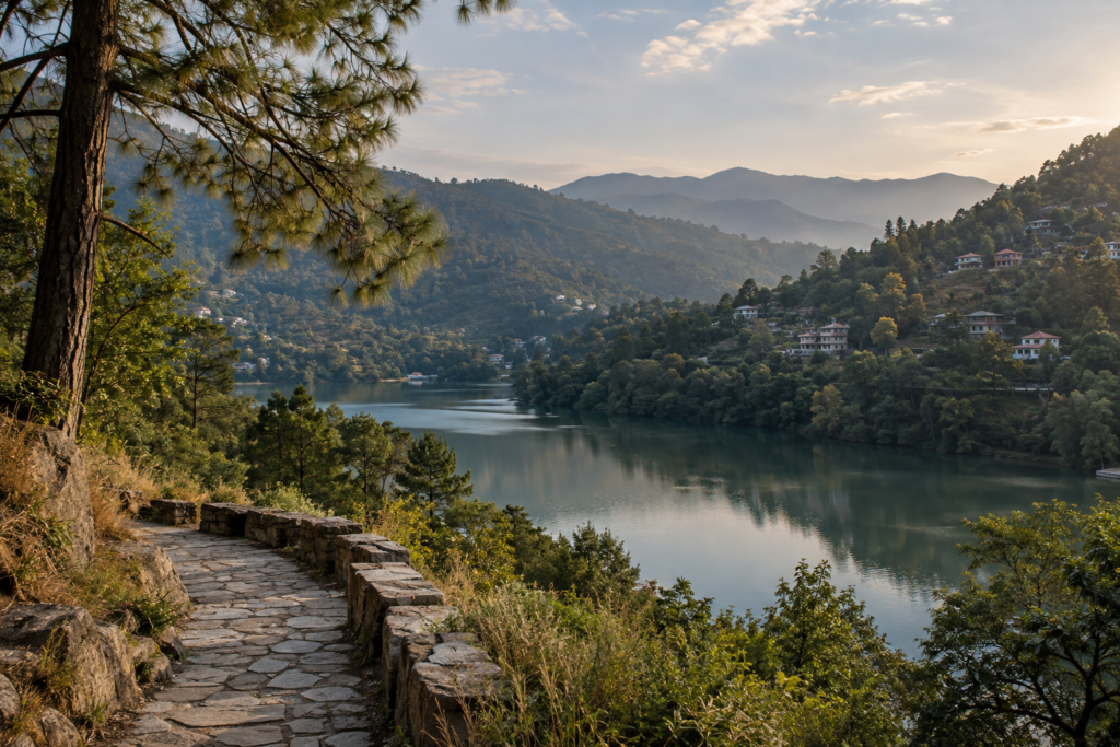 Peaceful lake and pine-covered hills representing the Bhimtal lifestyle