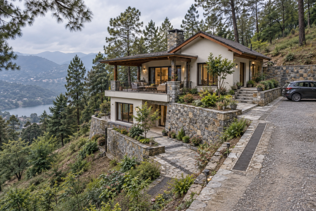 Well-planned mountain villa with retaining wall, drainage and practical access