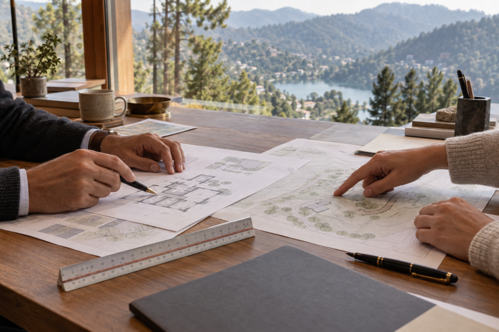 Property buyer reviewing documents and site plans with an advisor