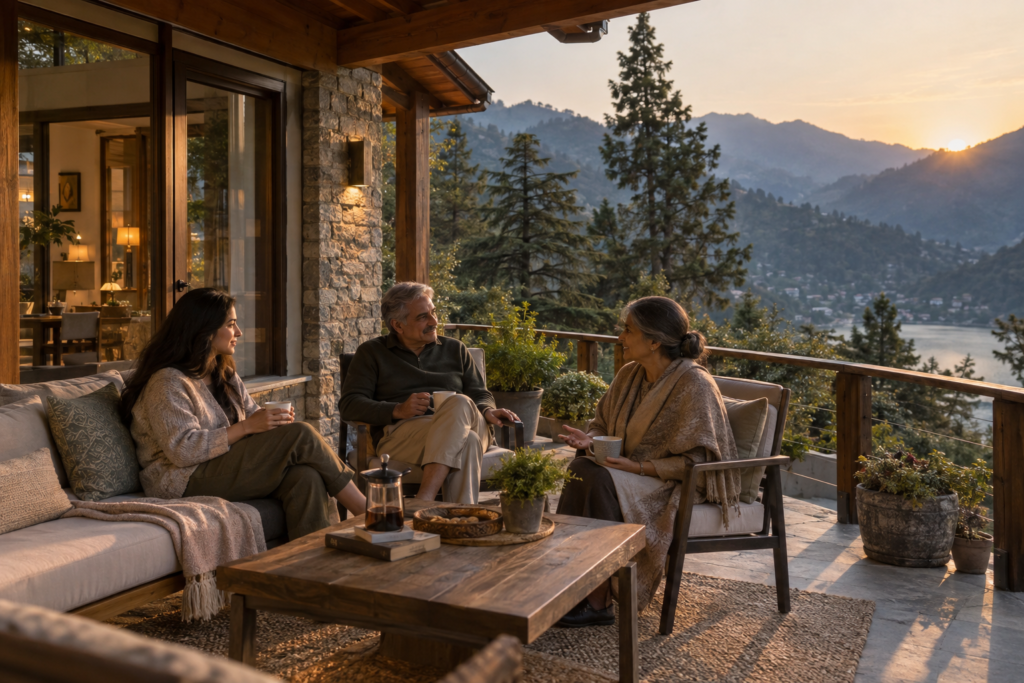 Family enjoying peaceful time at a mountain second home near Bhimtal