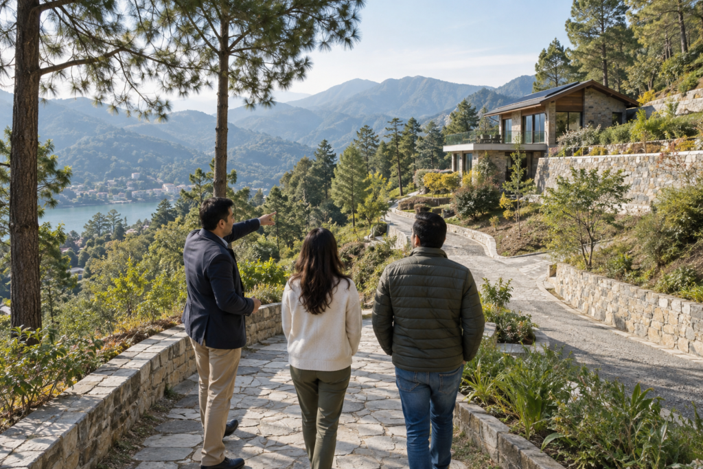 Property advisor showing buyers a mountain villa site near Bhimtal