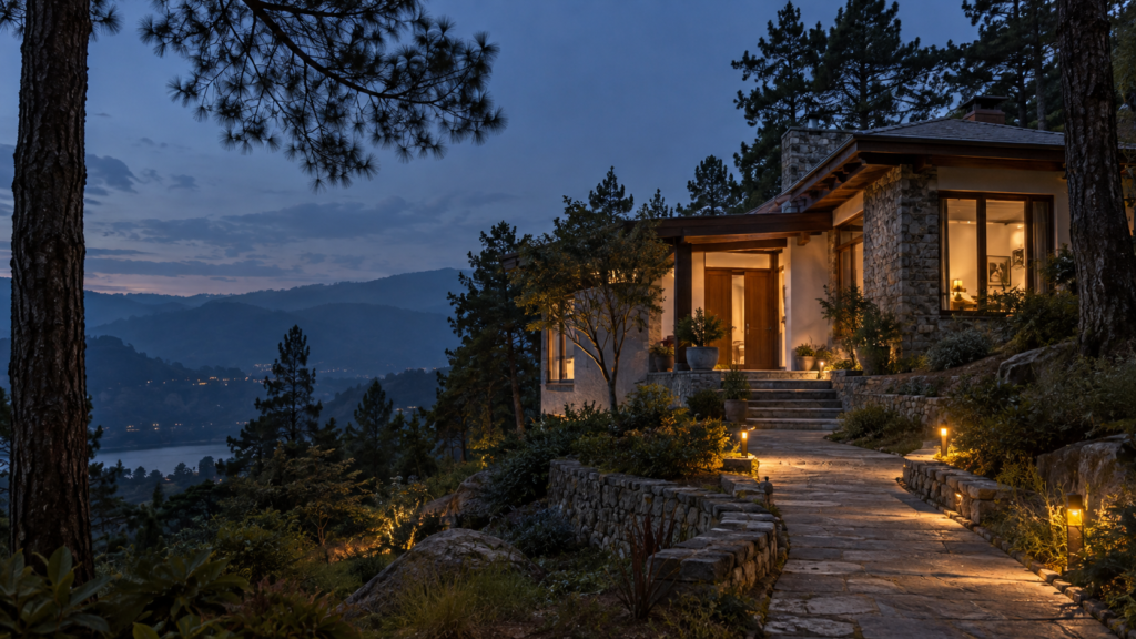 Contemporary mountain residence at blue hour in the Bhimtal region