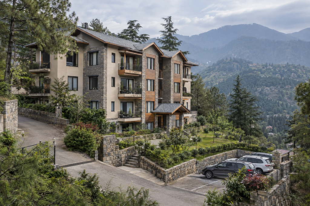 Low-rise residential apartment building in a Uttarakhand hill town
