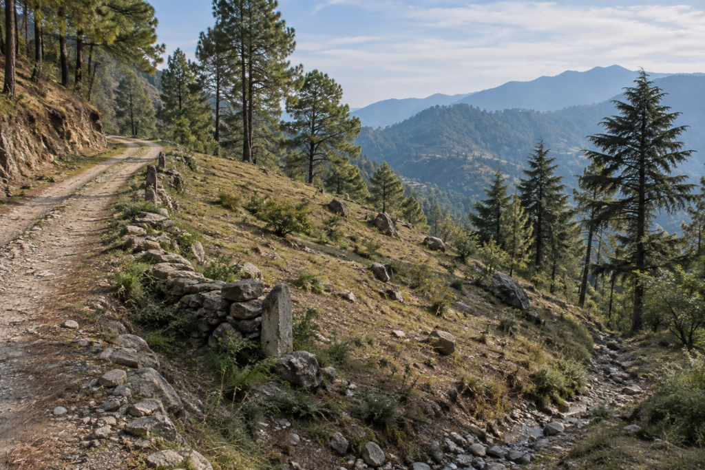 Residential mountain plot with approach road and natural slope in Uttarakhand