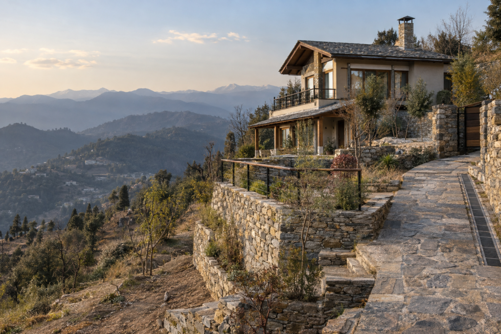 Mountain villa with retaining walls, drainage and planned access on a hillside in Mukteshwar.
