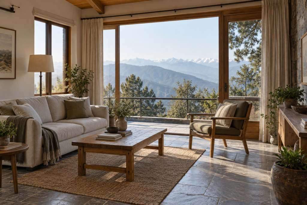 Warm and practical mountain residence interior overlooking the Himalayan hills near Mukteshwar.