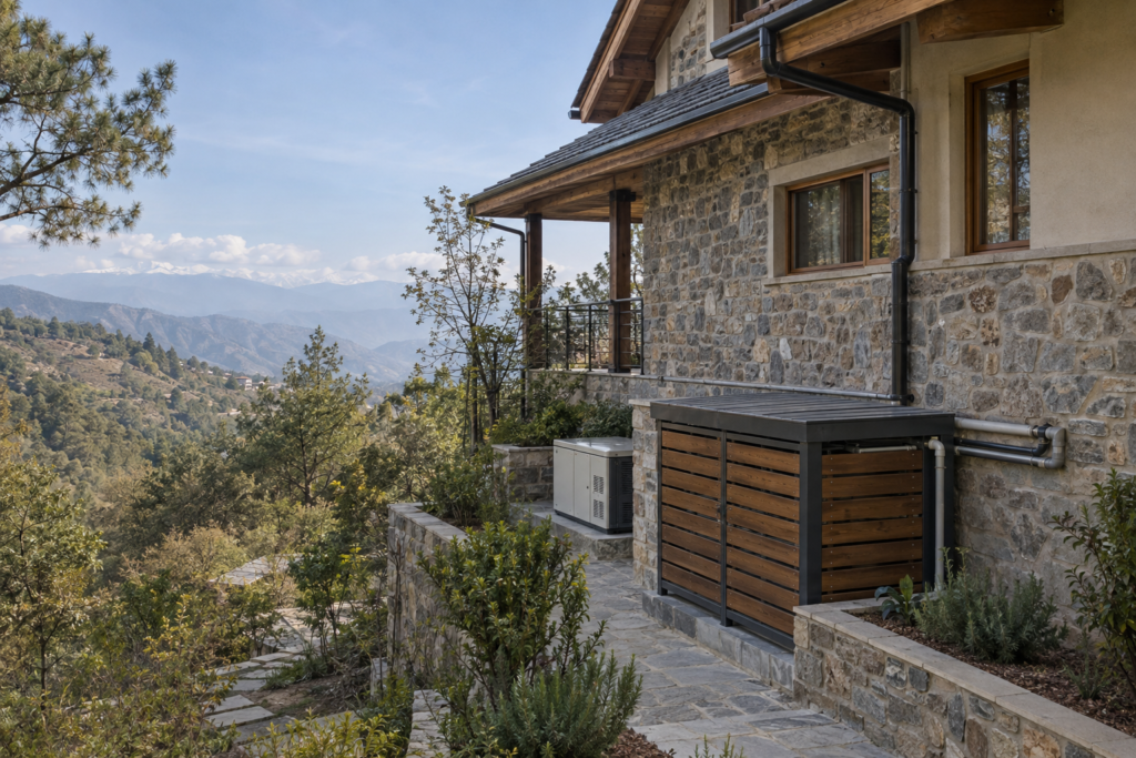 Discreet water storage, rainwater collection and utility infrastructure beside a mountain villa.
