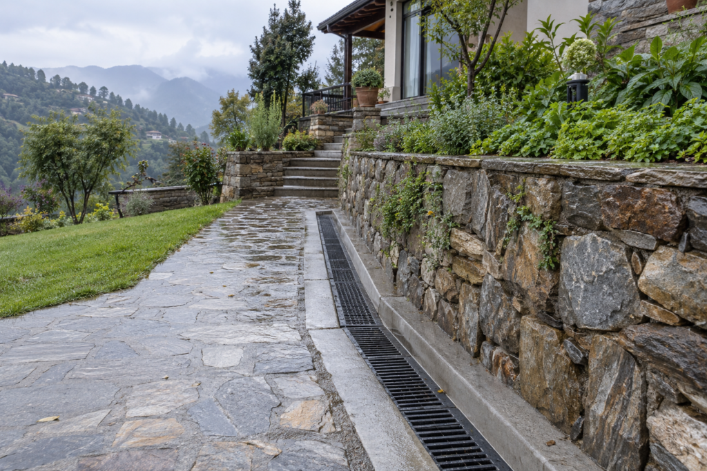 Stone retaining wall and rainwater drainage channel protecting a mountain property in Mukteshwar.