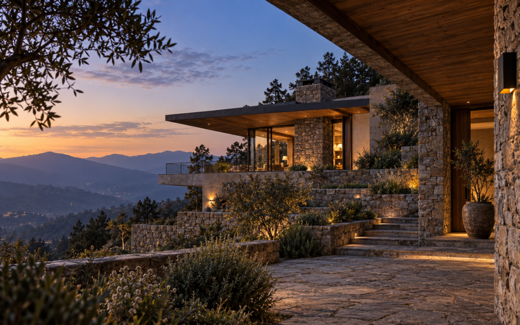 Luxury mountain villa on a terraced slope in Mukteshwar, Uttarakhand, surrounded by layered Kumaon hills.