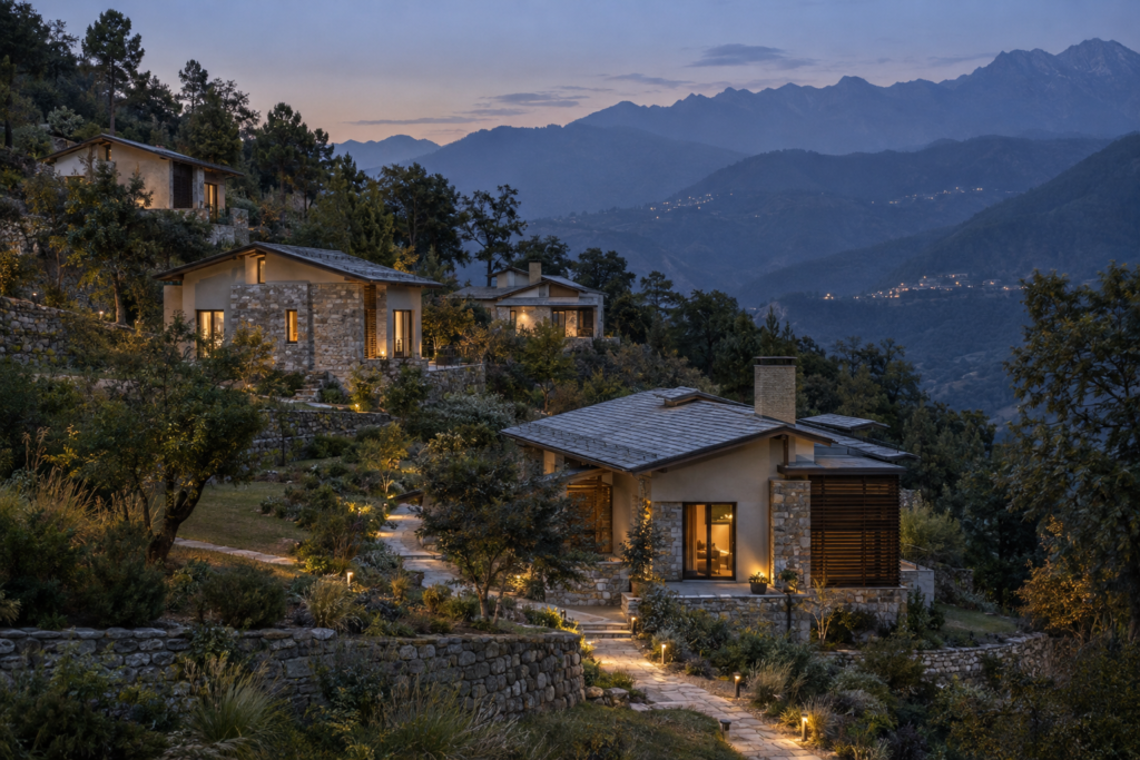 Low-density managed mountain residences integrated into an Uttarakhand hillside