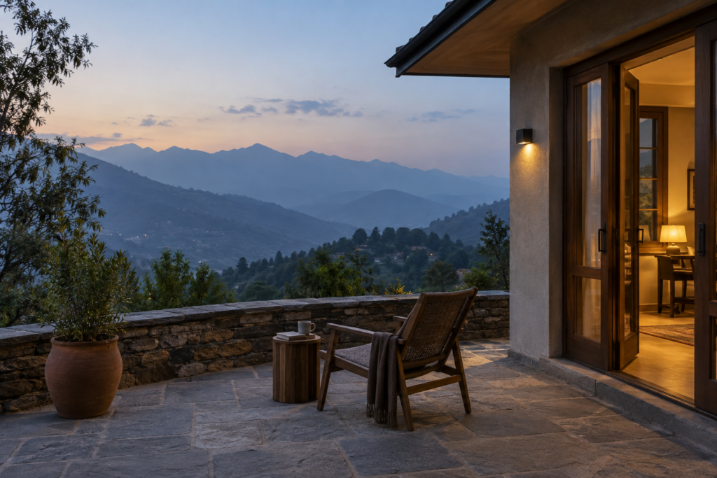 Quiet evening view from a second home in the Uttarakhand mountains