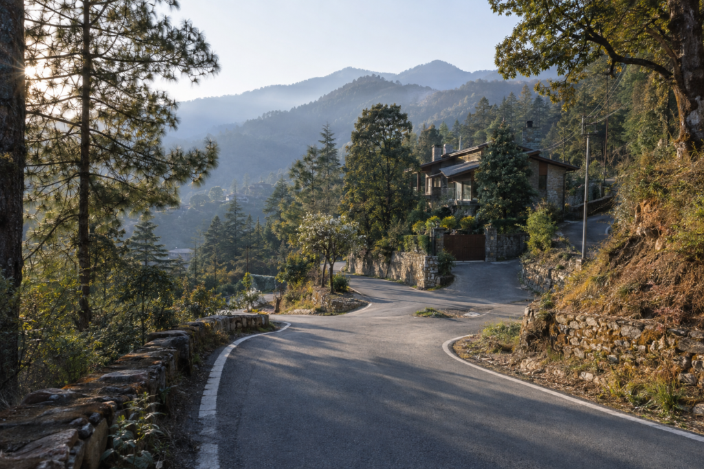 Mountain road leading to a private second-home residence in Uttarakhand, illustrating important location-selection factors.