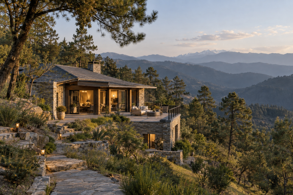 Contemporary stone-and-timber mountain villa in Mukteshwar surrounded by forests and layered Himalayan views.