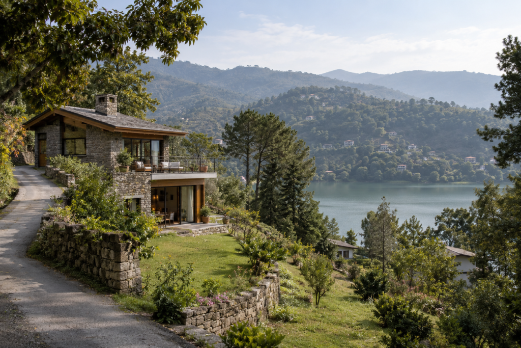 Mountain villa overlooking a forested lake in Bhimtal, Uttarakhand, representing lake-oriented second-home living.