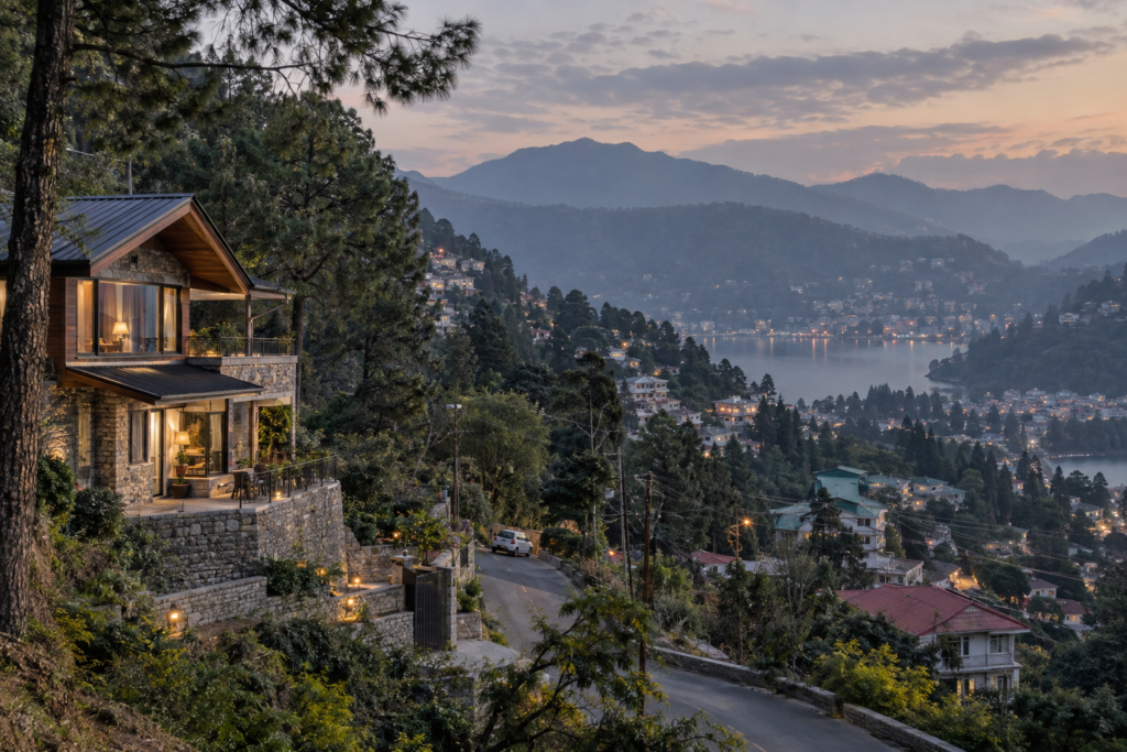 Established Nainital hill-town setting with a refined mountain residence, forested slopes and distant lake views.