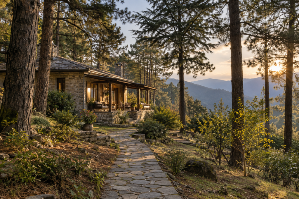 Quiet forest-surrounded mountain home in Ranikhet, Uttarakhand, designed for peaceful long-stay living.