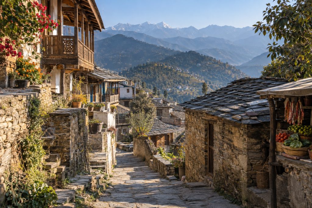 Traditional Kumaoni hillside architecture and mountain settlement in Almora, Uttarakhand.