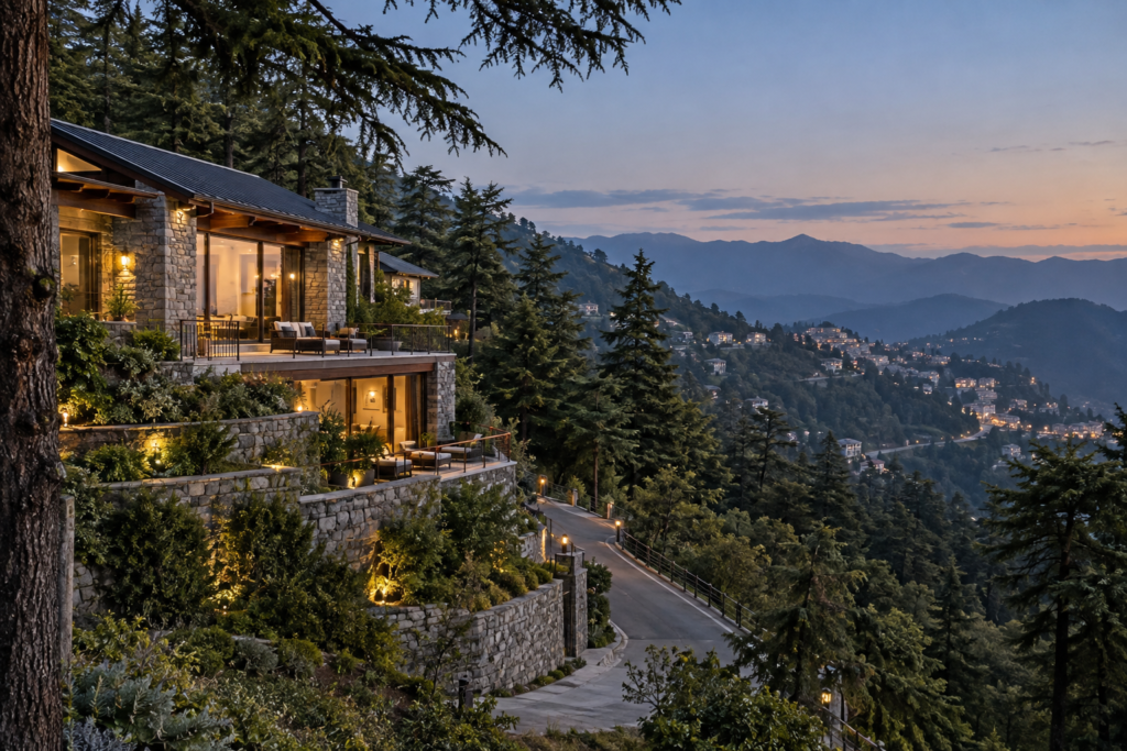 Premium mountain residence in Mussoorie surrounded by deodar trees and established hill-town surroundings.