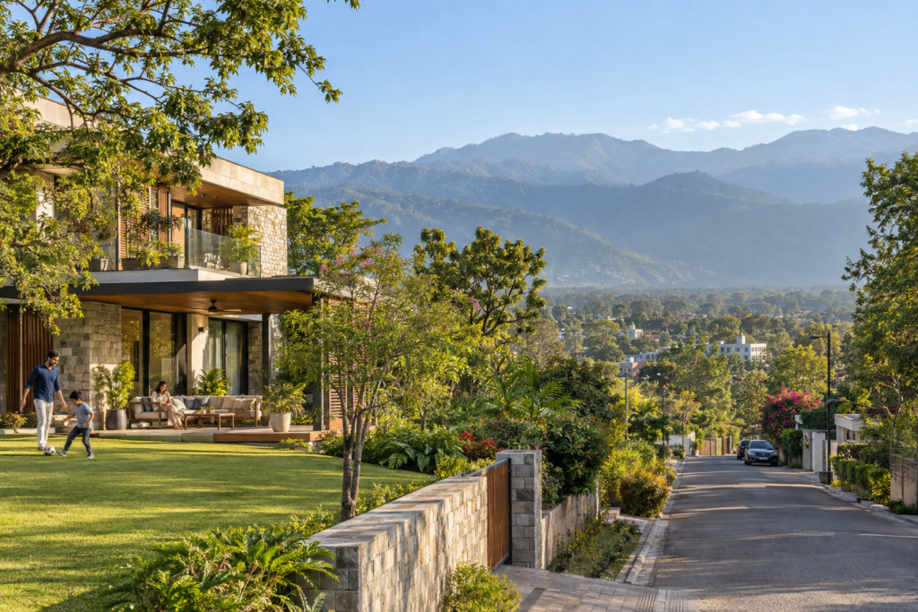 Contemporary green residence in Dehradun with foothill views, representing a practical year-round second home.