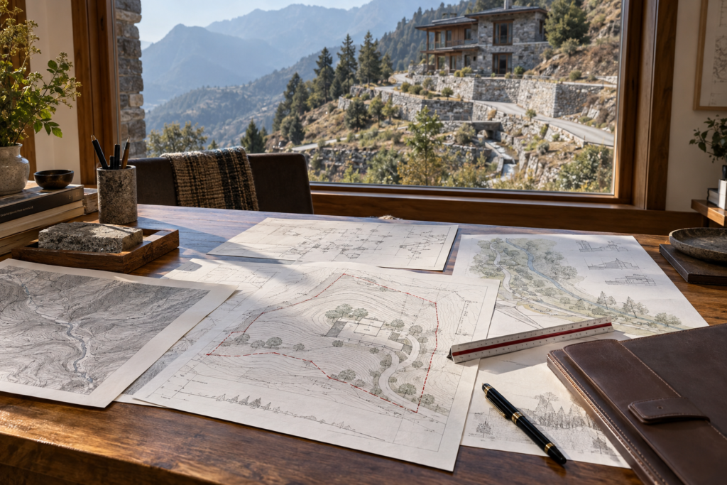 Property due-diligence desk with site plans, survey documents and mountain-villa background in Uttarakhand.