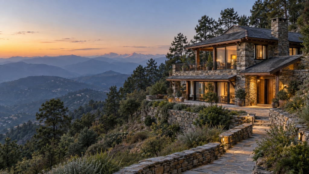 Constructed luxury mountain villa in Mukteshwar, Uttarakhand, suitable for a premium second-home lifestyle.