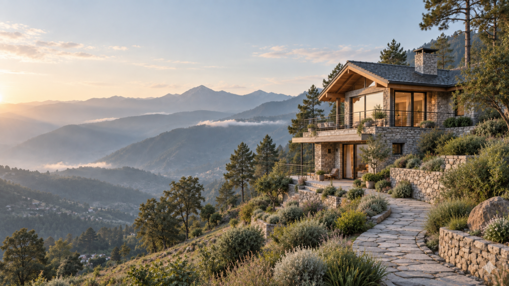 Luxury mountain villa on a terraced Himalayan slope representing property in Uttarakhand for second-home buyers.