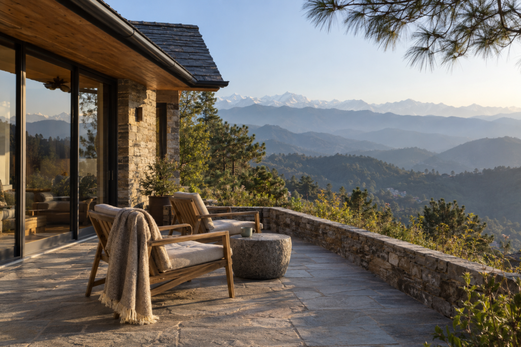 Peaceful mountain villa terrace overlooking Himalayan ranges in Uttarakhand