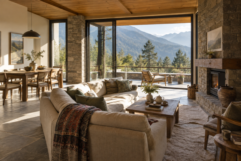 Warm living and dining area inside a mountain villa overlooking Uttarakhand hills