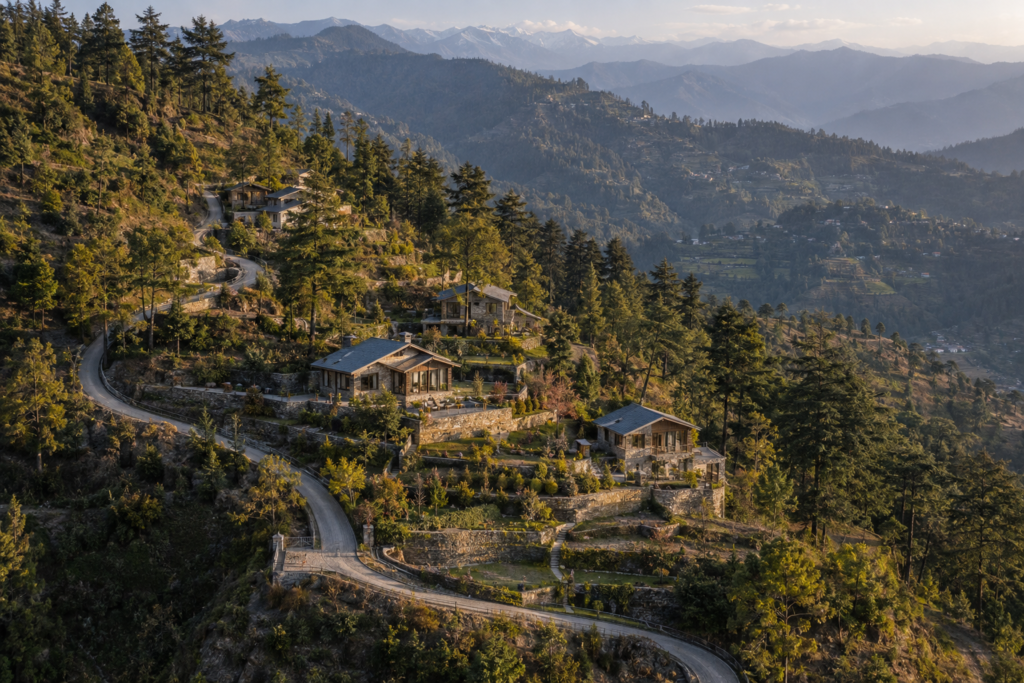 Mountain villas connected by an access road on a terraced hillside in Uttarakhand