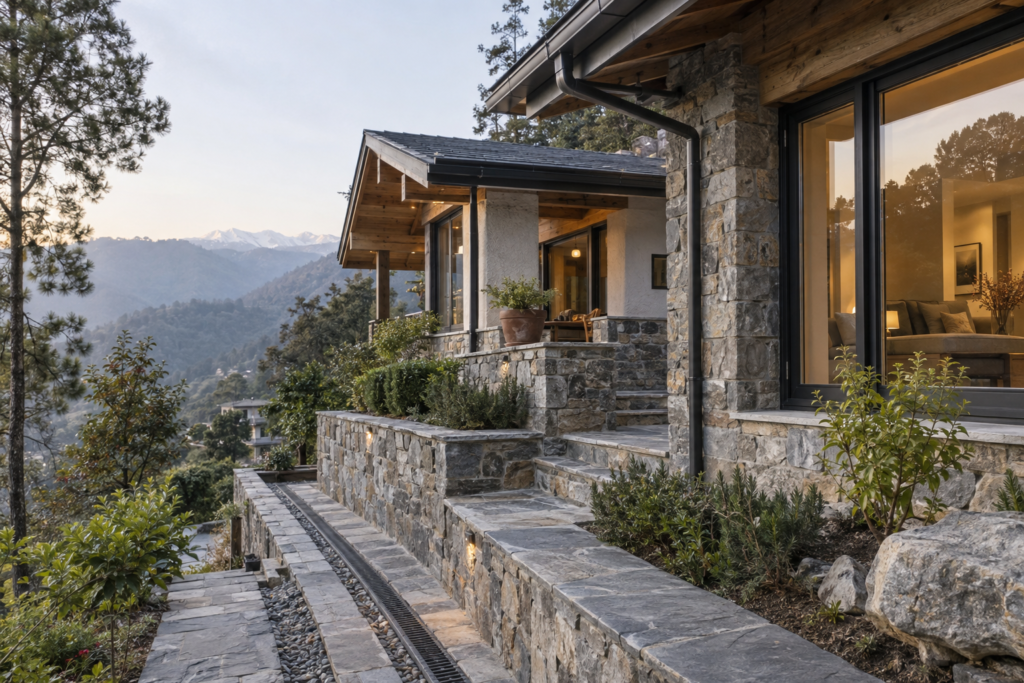 Natural stone mountain villa with retaining walls and drainage designed for hillside construction