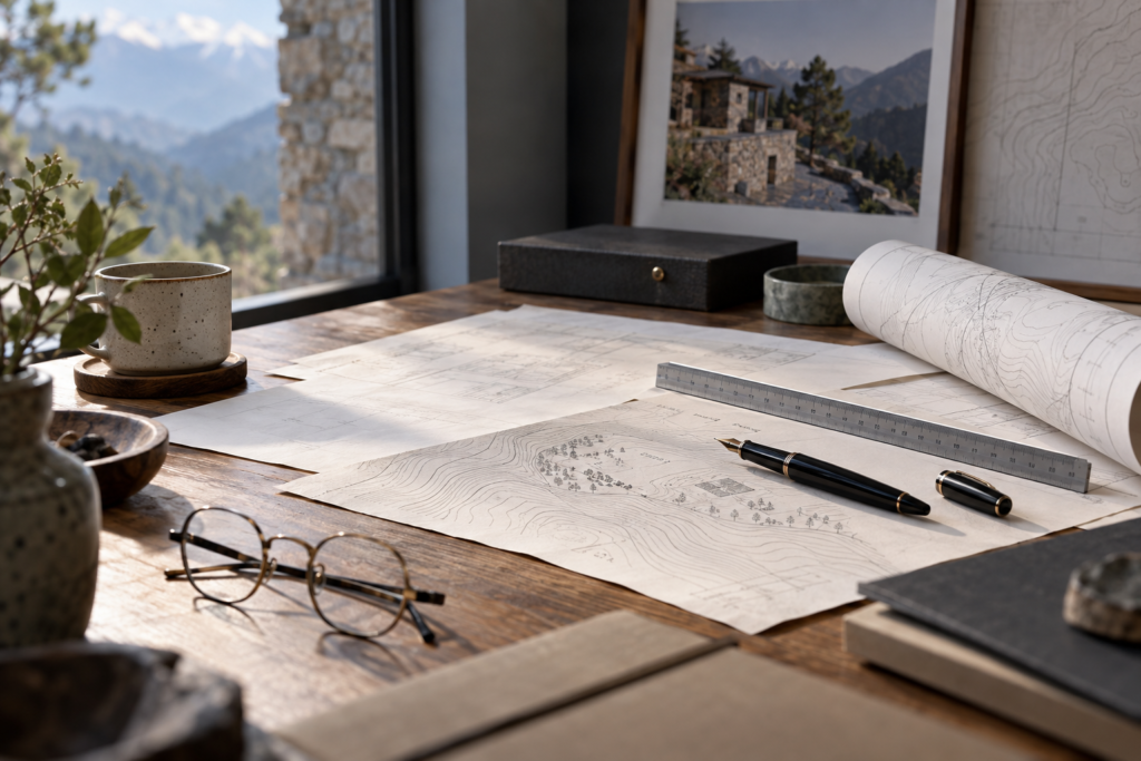 Property documents and site plans prepared for mountain villa due diligence