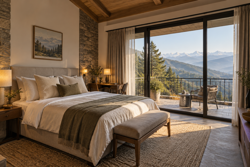 Premium mountain villa bedroom with Himalayan views for potential holiday rental use
