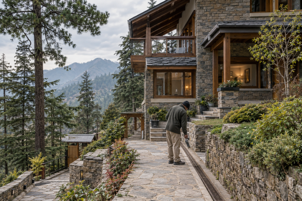 Property manager inspecting drainage and exterior maintenance at a mountain villa