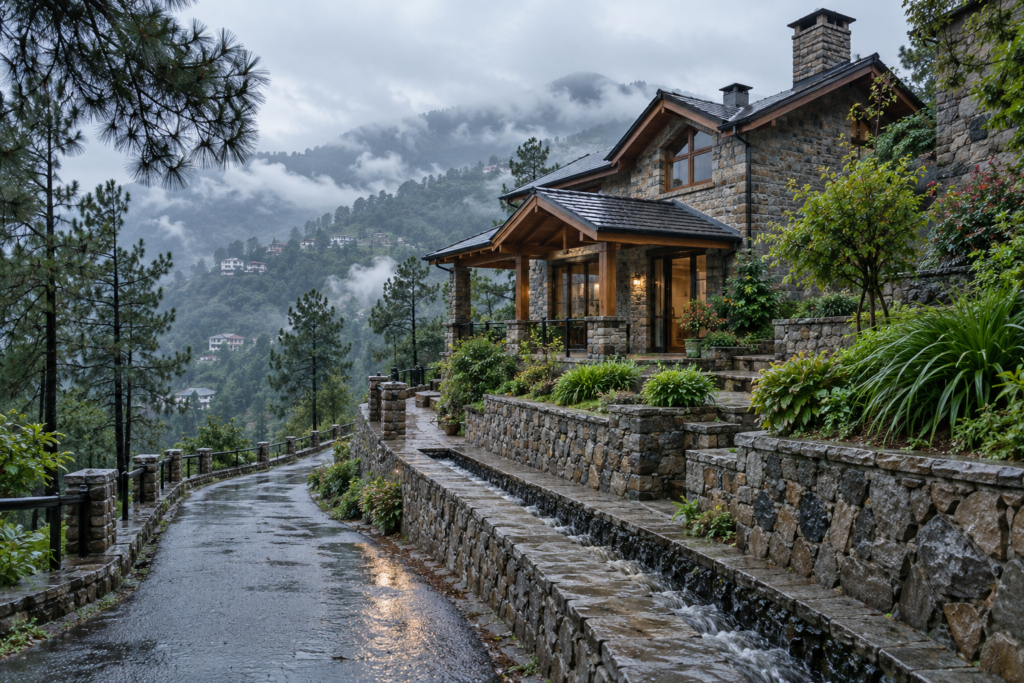 Mountain villa with maintained drainage and access road during a light monsoon season