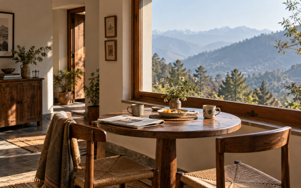 Morning light falls across a breakfast table in a mountain home.