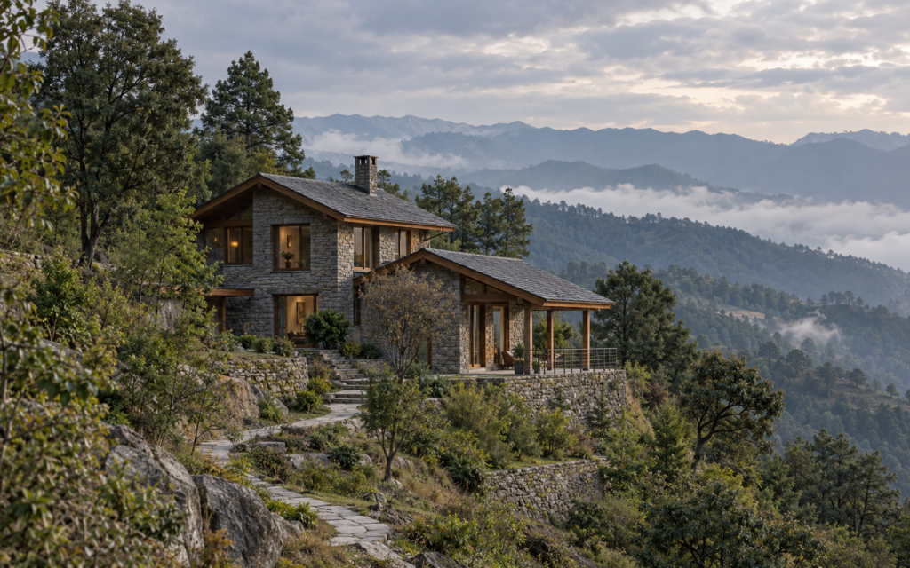 Stone and timber mountain home set into a natural hillside.