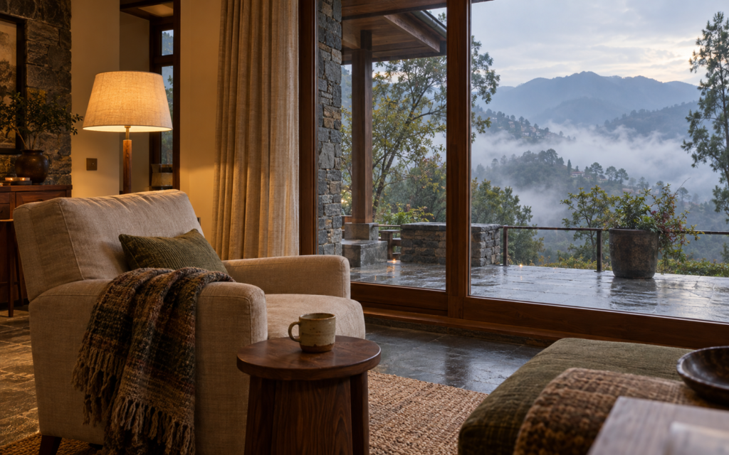 Cozy mountain living room overlooking misty hills on a cool day.