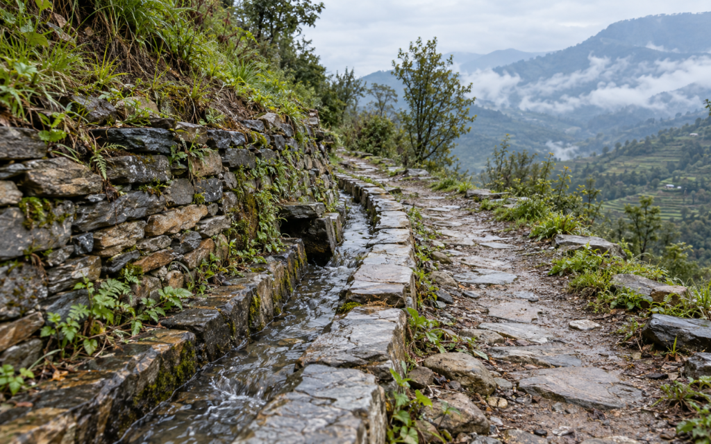 Stone-lined drainage channel carrying rainwater beside a hillside path.