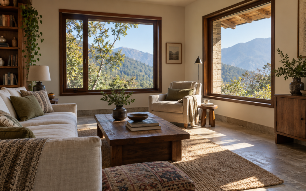 Winter sunlight reaches a reading chair through a mountain home window.