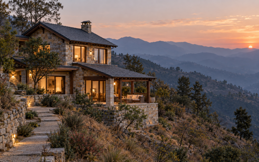 Stone and timber mountain home settled into a natural hillside.